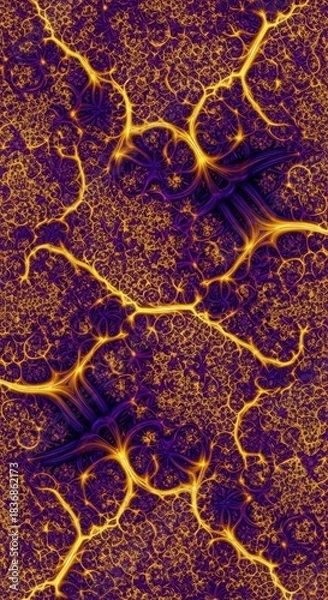 Fototapeta Abstract fractal art with glowing golden lines on a deep purple background, creating an intricate and mesmerizing pattern.