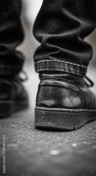 Fototapeta Close-up of a persons feet in black shoes and jeans walking on a paved surface, captured in a low-angle, black and white shot.