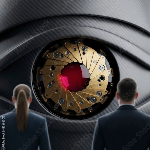 Fototapeta Two people looking at a large mechanical eye with a red pupil, symbolizing surveillance and advanced technology.