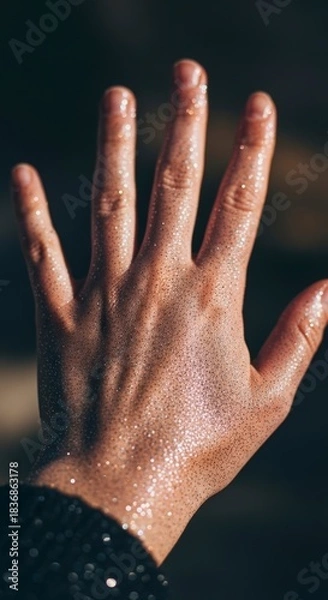Fototapeta Close-up of a wet human hand with fingers spread, illuminated by natural light.