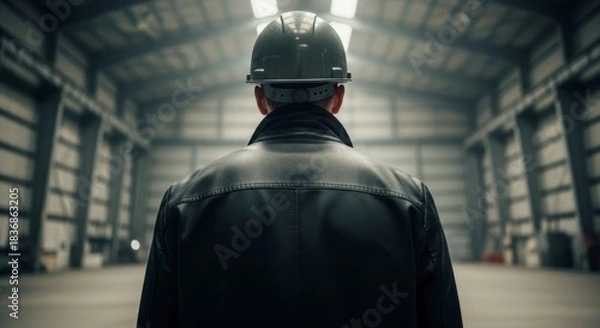 Fototapeta Rear view of an industrial worker in a hard hat walking through a large empty warehouse.