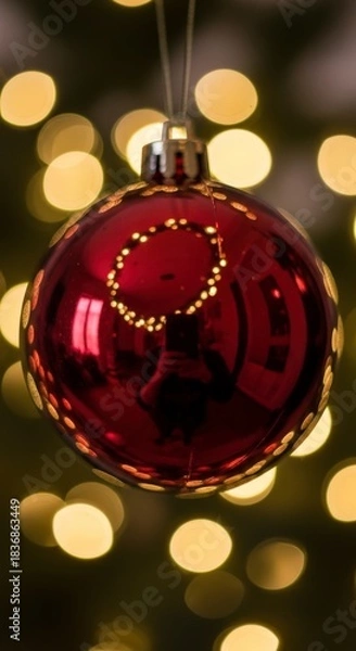 Fototapeta Red Christmas Ornament Hanging with Bokeh Lights in Background.