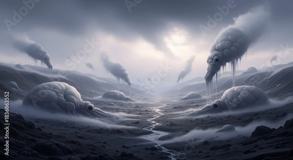 Fototapeta Ethereal Landscape with Mysterious Cloud Formations and Winding River Under a Hazy Sky.