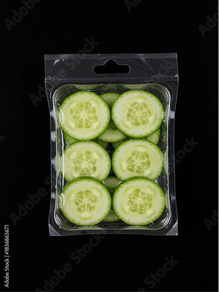Fototapeta Fresh cucumber slices in clear plastic packaging for retail display black background