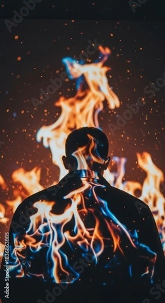 Fototapeta Silhouette of a person standing in front of a vibrant fire display, creating an artistic and dramatic visual effect.