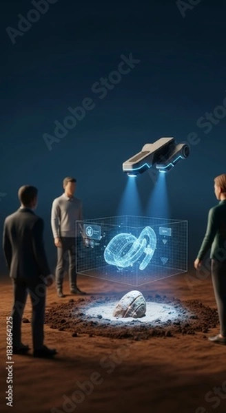 Fototapeta Futuristic Exploration - Scientists Uncover Alien Artifacts with Advanced Technology and Hovercraft.