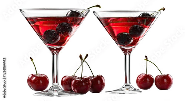 Obraz Two elegant glasses holding ruby red drinks with fresh cherries