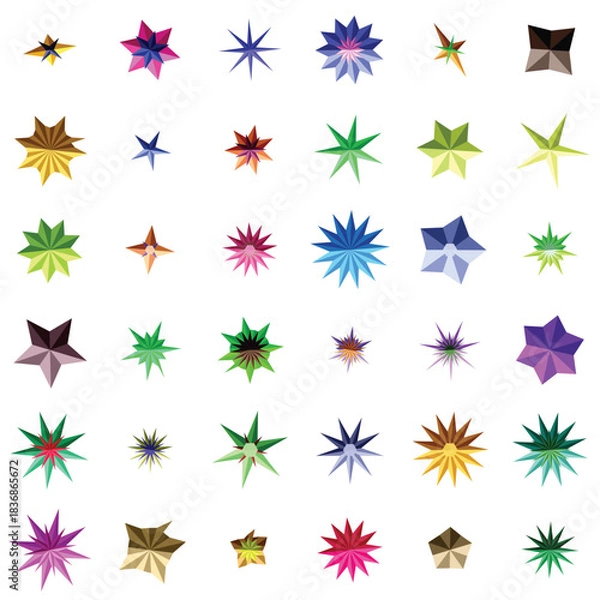 Fototapeta Collection of colorful, abstract, multipointed star shapes