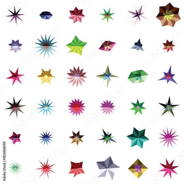 Fototapeta Collection of colorful abstract star shapes and gem icons