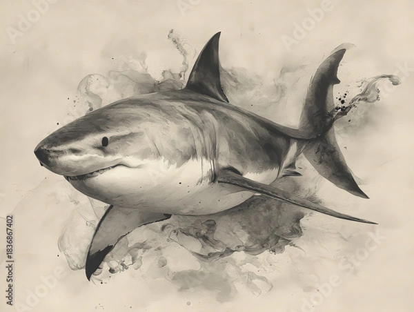 Fototapeta Elegant black ink shark rendered with expressive shan shui textures blending strength and serenity in motion