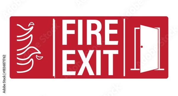 Fototapeta Printable emergency exit pictogram with running figure and flames, fire escape direction for building safety, evacuation guidance, and emergency signage awareness.