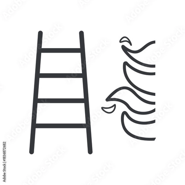 Fototapeta Isolated pictogram of a hand reaching toward rising flames, symbolizing emergency exit ladder, fire escape route, safety warning, and evacuation guidance in hazardous situations.