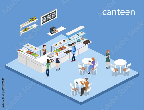 Fototapeta Isometric 3D vector illustration concept of coffee or canteen with visitors