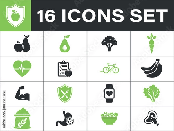 Obraz Nutrition icons. Healthy lifestyle icons for fitness, nutrition, and wellness concepts. Include health, 
fitness, nutrition, wellness, food, fruit, vegetable, exercise, muscle, organic and more