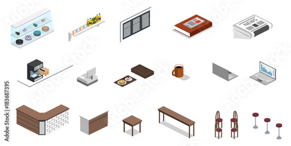Fototapeta Isometric 3D vector illustration set of object for making coffee shop or canteen