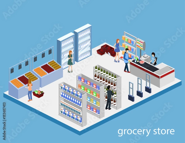 Fototapeta Isometric 3D vector illustration concept of a grocery store with buyers and cashier