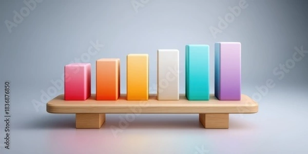 Fototapeta Financial Literacy Initiative Concept. A colorful bar graph on a wooden base, showcasing varying heights of rectangular blocks against a gradient background.