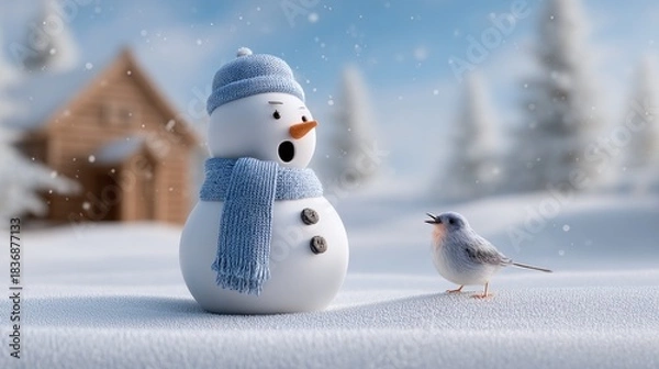 Fototapeta Cute snowman character and robin bird standing on snow ground in winter forest