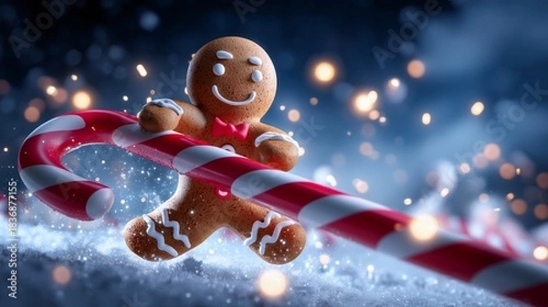 Fototapeta Smiling gingerbread man character riding a giant candy cane on snowy night