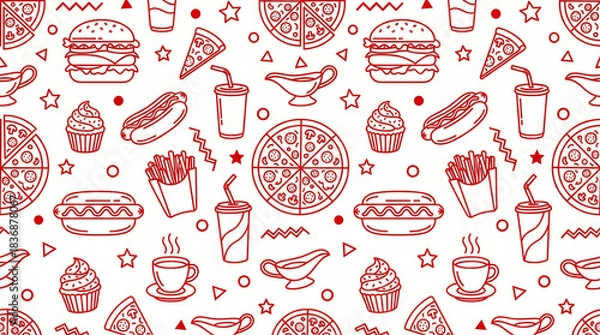 Obraz Red Outline Fast Food Seamless Pattern