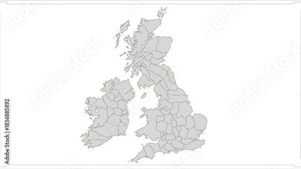 Fototapeta Map of United Kingdom and Ireland showing administrative divisions and country borders, rendered in grayscale