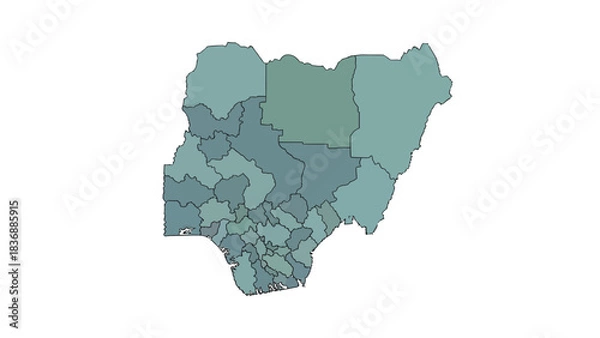 Fototapeta Modern geographic illustration of Nigeria's states, showcasing a clear division with diverse color gradients, perfect for visual data representation and regional insights