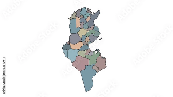 Fototapeta Map of Tunisia with administrative divisions highlighted in various colors, illustrating regional boundaries