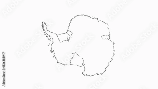 Fototapeta Simple vector outline map of the Antarctic continent, highlighting its distinct shape and regional divisions. A clean graphic for educational resources, cartography, and design