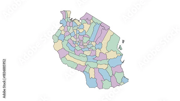 Fototapeta Map of Tanzania divided into administrative regions, a colorful representation of its political geography and borders, showcasing internal divisions