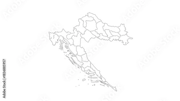 Fototapeta Outline map of Croatia, showing administrative divisions and borders, isolated on a white background