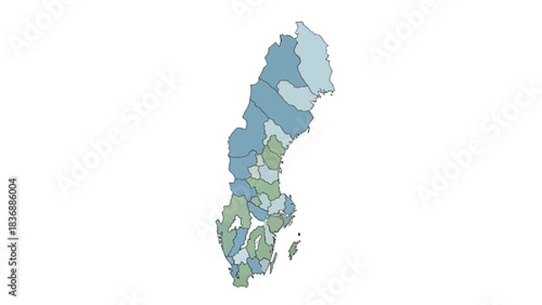 Fototapeta Detailed graphic map illustrating the administrative divisions and geographic regions of Sweden,