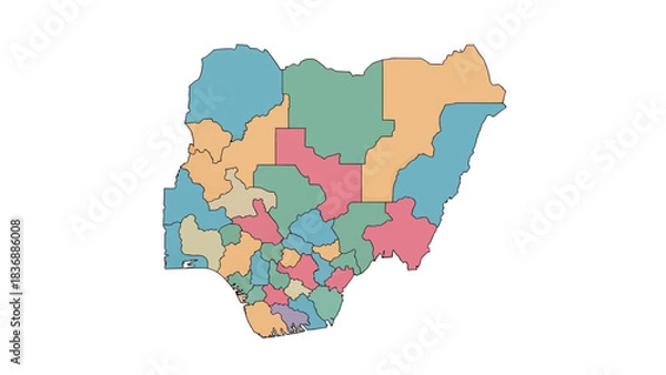 Fototapeta Colorful vector map of Nigeria, detailing its states and administrative divisions. Each region is distinctly colored on a white background, perfect for geographical study and educational resources