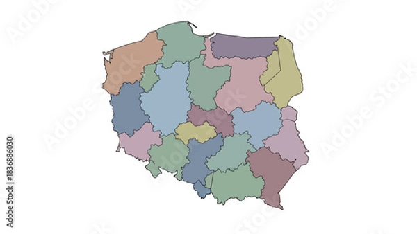 Fototapeta Detailed political map of Poland showcasing its administrative divisions with distinct color coding for each region, ideal for geographical studies and educational resources