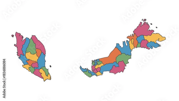 Fototapeta Colorful map of Malaysia divided into regions and states, illustrating geographical and administrative divisions