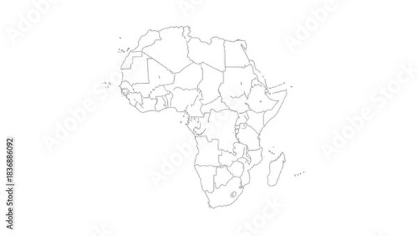 Fototapeta Outline map of the African continent showing country borders and major geographical regions, ideal for educational and informational purposes