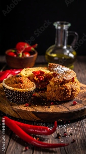 Fototapeta Close-up shot of baked goods on a wooden board. A muffin and a sliced bread are visible, surrounded by chili peppers and oil