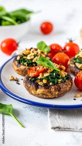 Fototapeta Close-up shot of baked stuffed mushrooms on a plate, garnished with tomatoes and nuts, with spinach