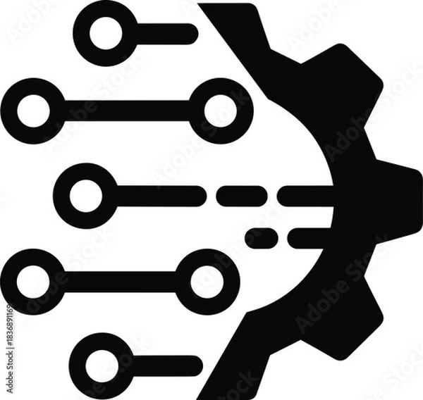 Fototapeta Minimalist black and white logo combining gear and circuit lines, symbolizing technology, automation, engineering, digital systems, innovation, and modern industry