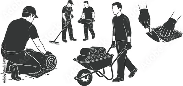 Obraz Men Installing Natural Grass Vector Illustration