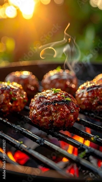 Fototapeta Close-up shot of grilled meatballs on a barbecue grill with smoke rising, backlit by a vibrant, warm sunset