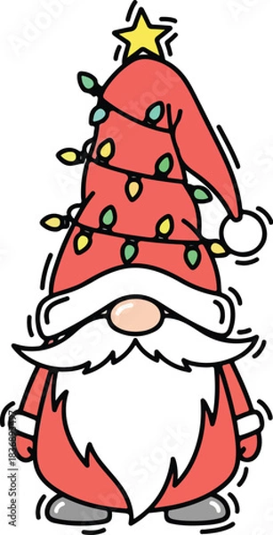 Obraz Cute Doodle Christmas Gnome with Lights Vector