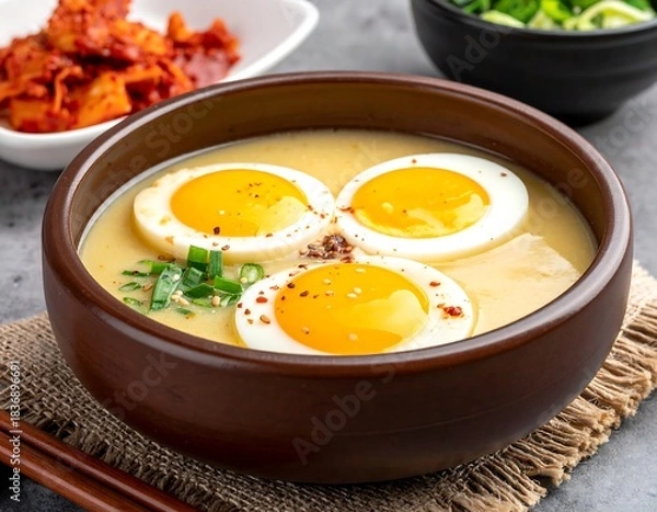 Fototapeta Close-up shot of ramen with three halved eggs, green onions, and red pepper flakes. Served with kimchi and scallions