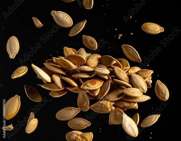 Fototapeta Close-up shot of scattered, roasted, and isolated edible kernels on a black background, with some in mid-air