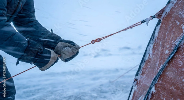 Obraz Person in winter gear securing tent rope in snowy weather camping extreme weather
