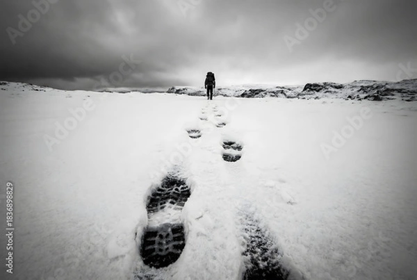 Obraz Lone hiker walks through a vast snowy landscape leaving footprints winter backpack