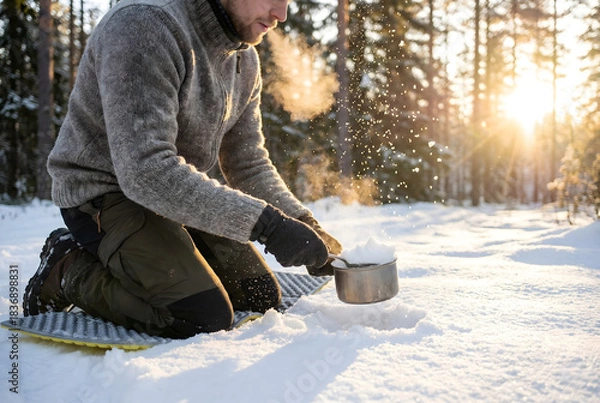 Obraz Man kneeling in snowy forest adding snow to metal pot winter
