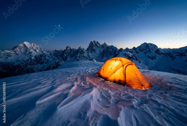 Obraz Illuminated orange tent on snowy mountain ridge at twilight camping