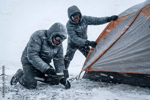 Obraz Two people in winter gear setting up a tent in falling snow camping outdoor