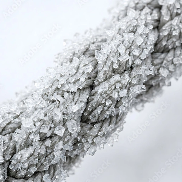 Obraz Close up of thick gray rope covered in ice crystals frost frozen