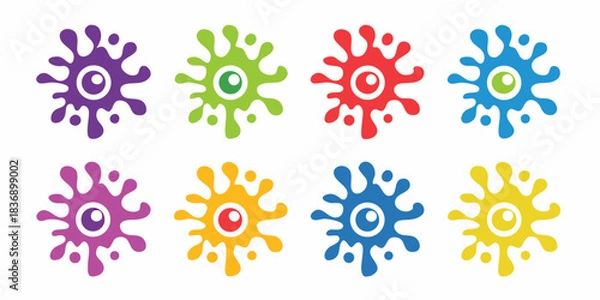 Fototapeta Collection of eight colorful cartoon monster or blob shapes with one eye each